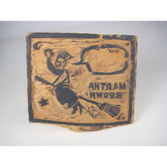 Martha Brown Vintage Hand Carved Wood Print Block Stamp Person Broom Halloween - Picture 1 of 8